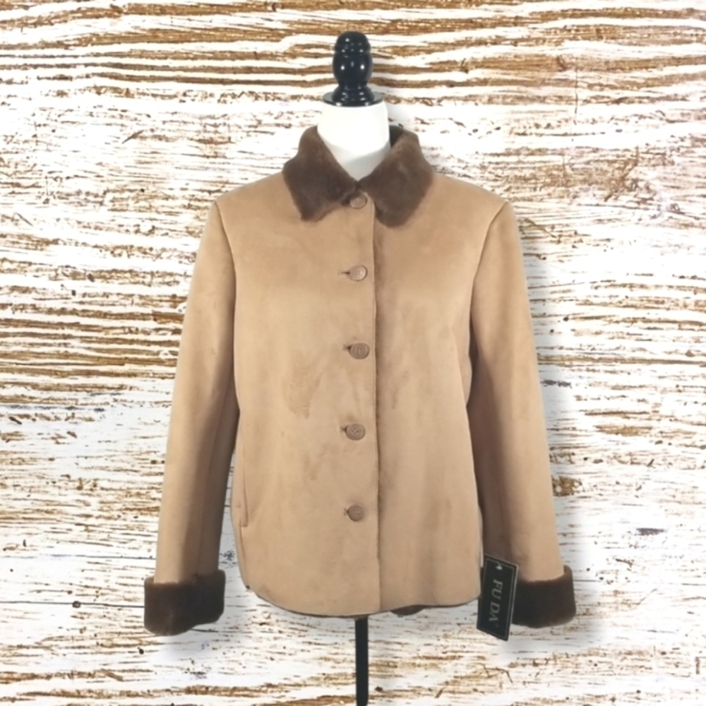 Tan Faux Suede Button-Front Jacket with Brown Faux Fur Trim
